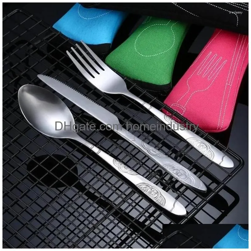 Dinnerware Sets 3Pcs/Set Portable Printed Stainless Steel Spoon Fork Steak Knife Set Travel Cutlery Tableware With Bag Drop Delivery Dhoko