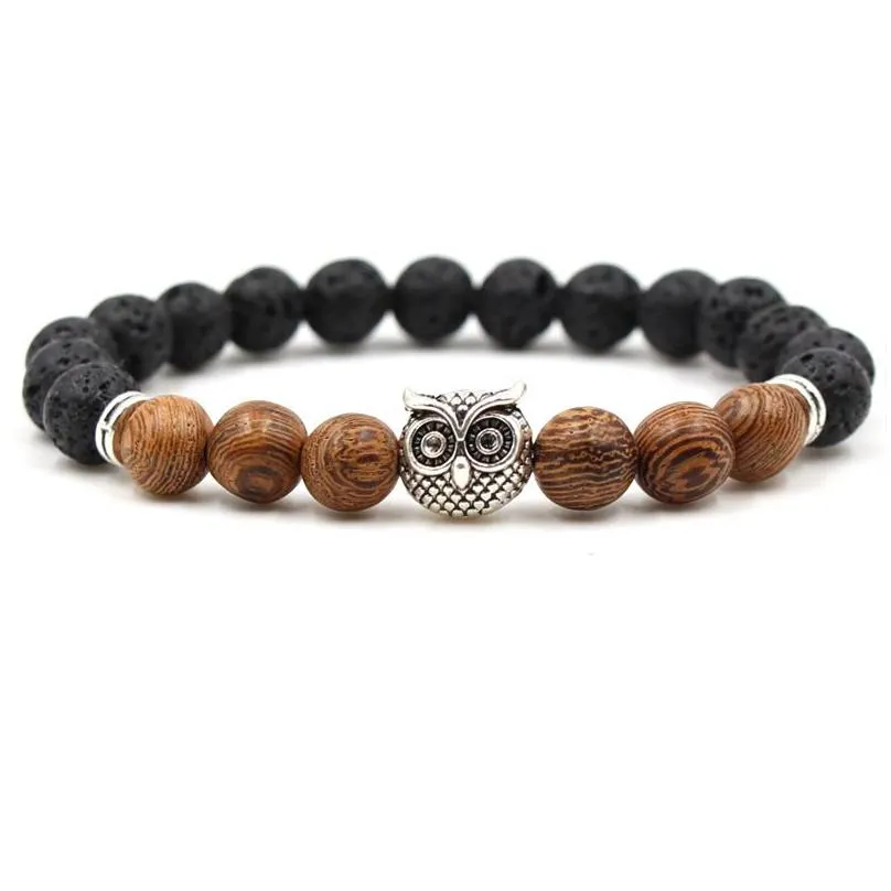 natural black lava stone beads owl charm bracelet  oil diffuser bracelet volcanic rock beaded bracelet