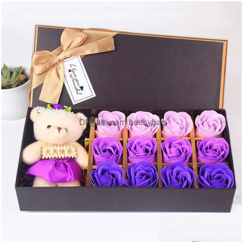 Decorative Flowers & Wreaths 12 Pcs Soap Rose Gift Box Romantic Artificial With Cute Bear Toy Valentines Day Flower Drop Delivery Home Dhrtp
