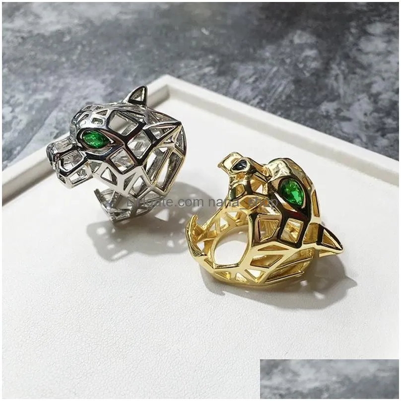 Cluster Rings Trendy Hollow Leopard Animal Finger Ring Green Eyes Panther Heads For Men Women Party Jewelry1 Drop Delivery Jewelry Ri Dhkvf