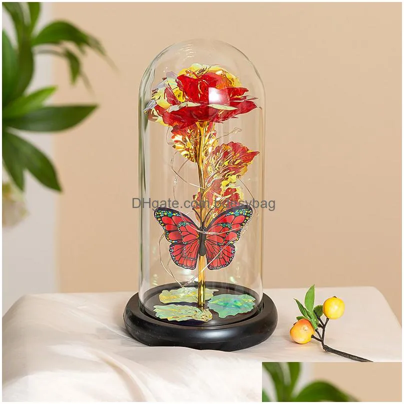 Decorative Flowers & Wreaths Rose Light Artificial Lamp With Butterfly And Colorf Led Flowers In Glass Battery Powered Gifts For Drop Dhqck