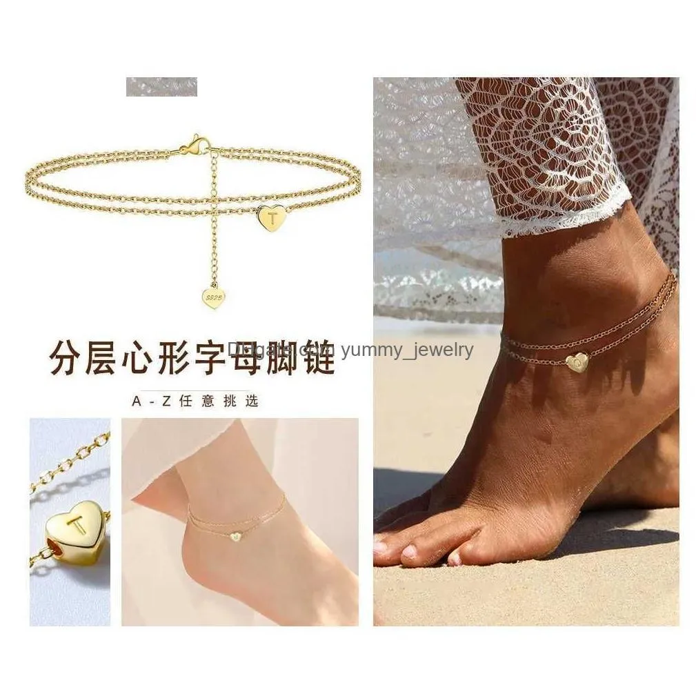 Anklets Wholesale S925 Sterling Sier Initial Anklet Braccelet 26 Letter A-Z Feet Double Layer Adjustable Chain Women Fashion Jewelry Dhzc1