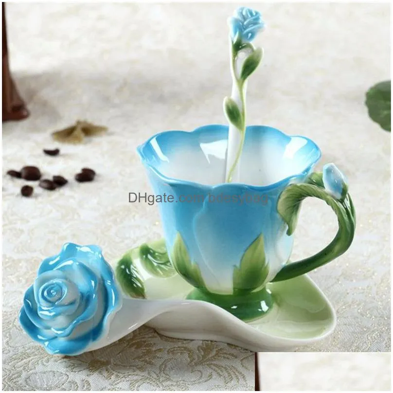 Coffeware Sets Enamel Coffee Mug Cup Saucer And Spoon Set Household Ceramic Afternoon Tea Birthday Festival Gift Drop Delivery Home Ga Dhb6C