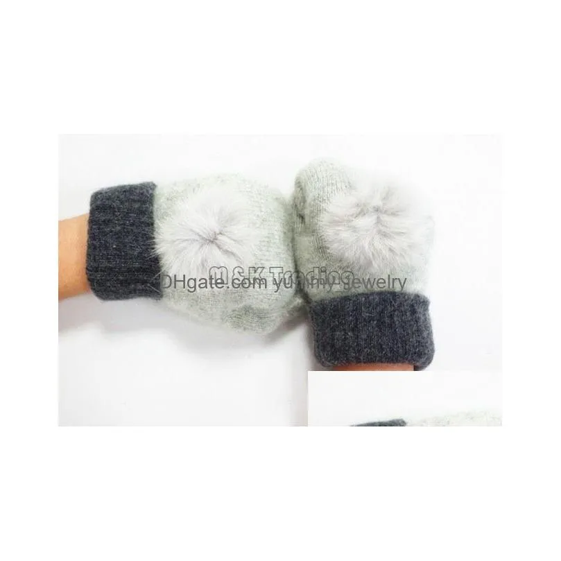 Mittens Woolen Gloves Warm And Soft Winter Ladies Mittens Solid Color Grace Rabbit Fur Ball Double Layer Match Colors Drop Delivery Fa Dhuy9