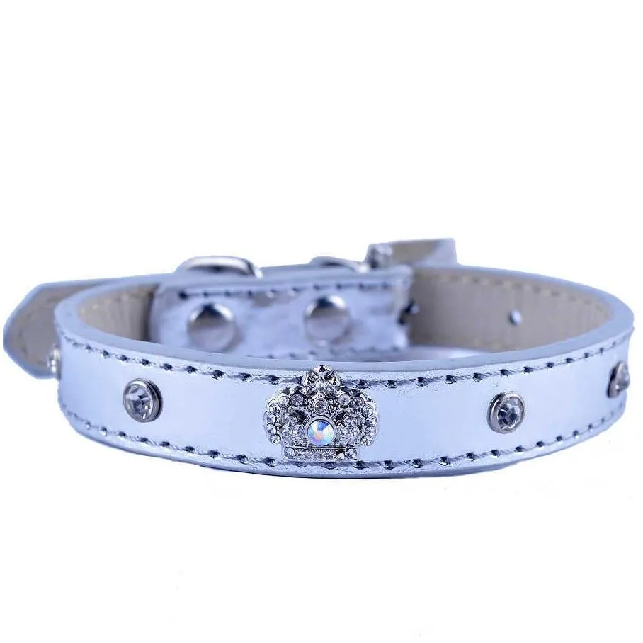 Dog Collars & Leashes Fashion Leather Dog Collar Crystal Studded Accessories Diamante Crown Charm For Neck Strap Small Pet Supplies Dr Dhwob