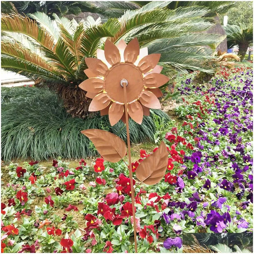 Garden Decorations Wrought Iron Windmill Courtyard Outdoor Rotating Stake Sunflower Wind Spinner Yard Statue Garden Decor Ornaments Dr Dhylq