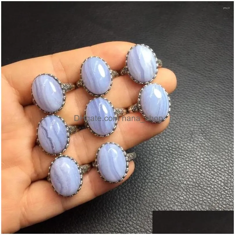 Cluster Rings 1 Pc Fengbaowu Natural Purple Blue Lace Agate Ring 925 Sterling Sier Energy Crystal Healing Stone Fashion Jewelry Gift Dhmvh