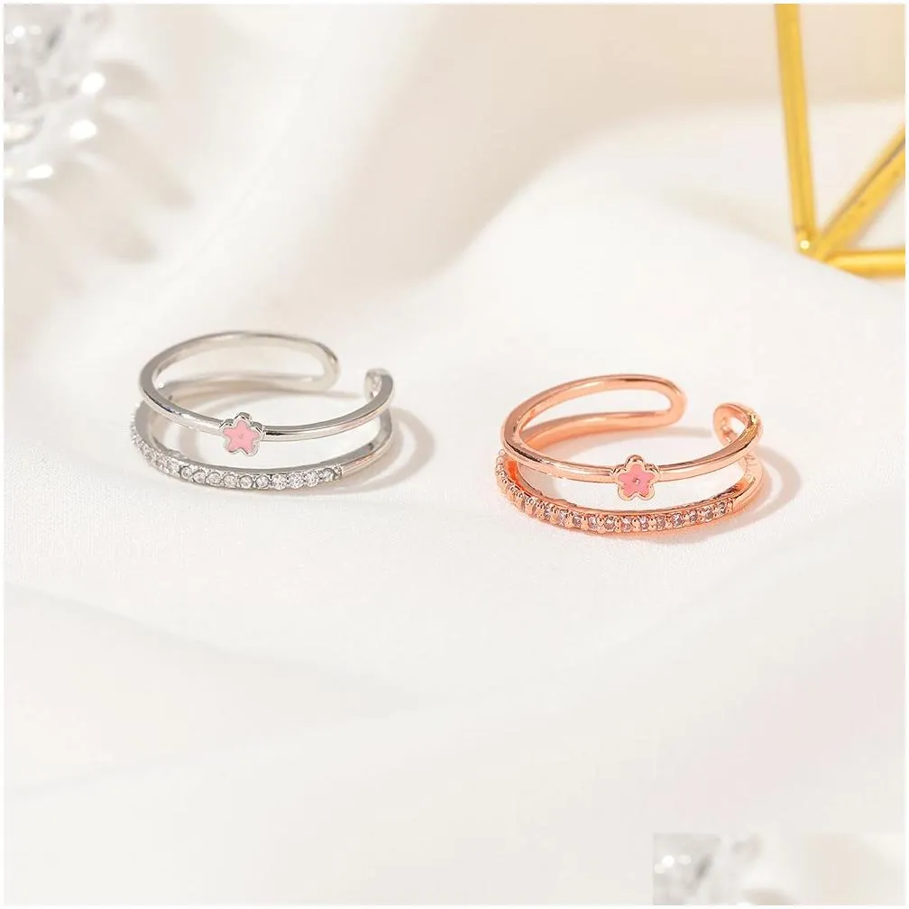 Cluster Rings Korean Temperament Double-Ring Micro Pave Lovely Flower Opening Index Finger Ring Niche Network Design Sense Red Rose D Dhygn