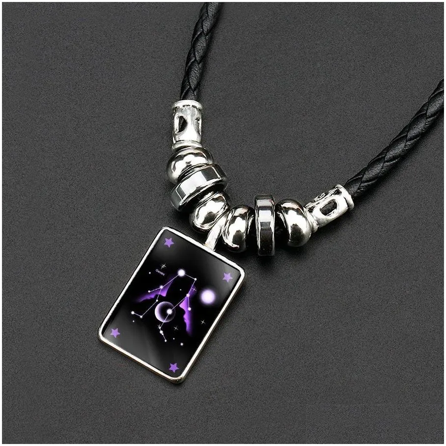 Pendant Necklaces New Twee Constellation Necklace Men Black Gallstone Aquarius Pisces Scorpio Sagittarius Capricorn Beaded Pendant Dro Dh3Uf