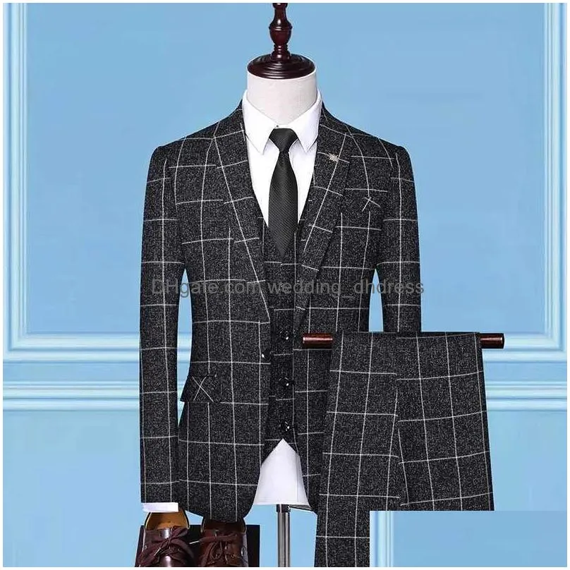 british style suit plaid mens vest blazer pants fashion design high end slim wedding banquet business suit 3 piece formal