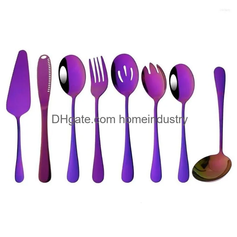 Dinnerware Sets 8Pcs Gold Cutlery Serving Utensils Set Buffet Catering Flatware Colander Spoons Fork Butter Knife Sierware Drop Deliv Dh4Tq