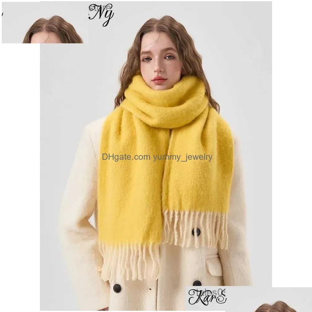 Scarves Karsany 32% Wool Cashmere Winter Scarf Women Warm Wrap Tassel Bright Yellow Shawl Thick Womens 2023 Q231031 Drop Delivery Dhvf8