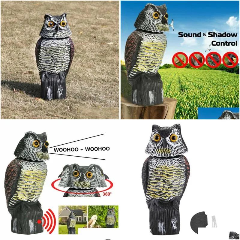 Garden Decorations Realistic Bird Scarer Rotating Head Sound Owl Prowler Decoy Protection Repellent Pest Control Scarecrow Moving Gard Dhioq