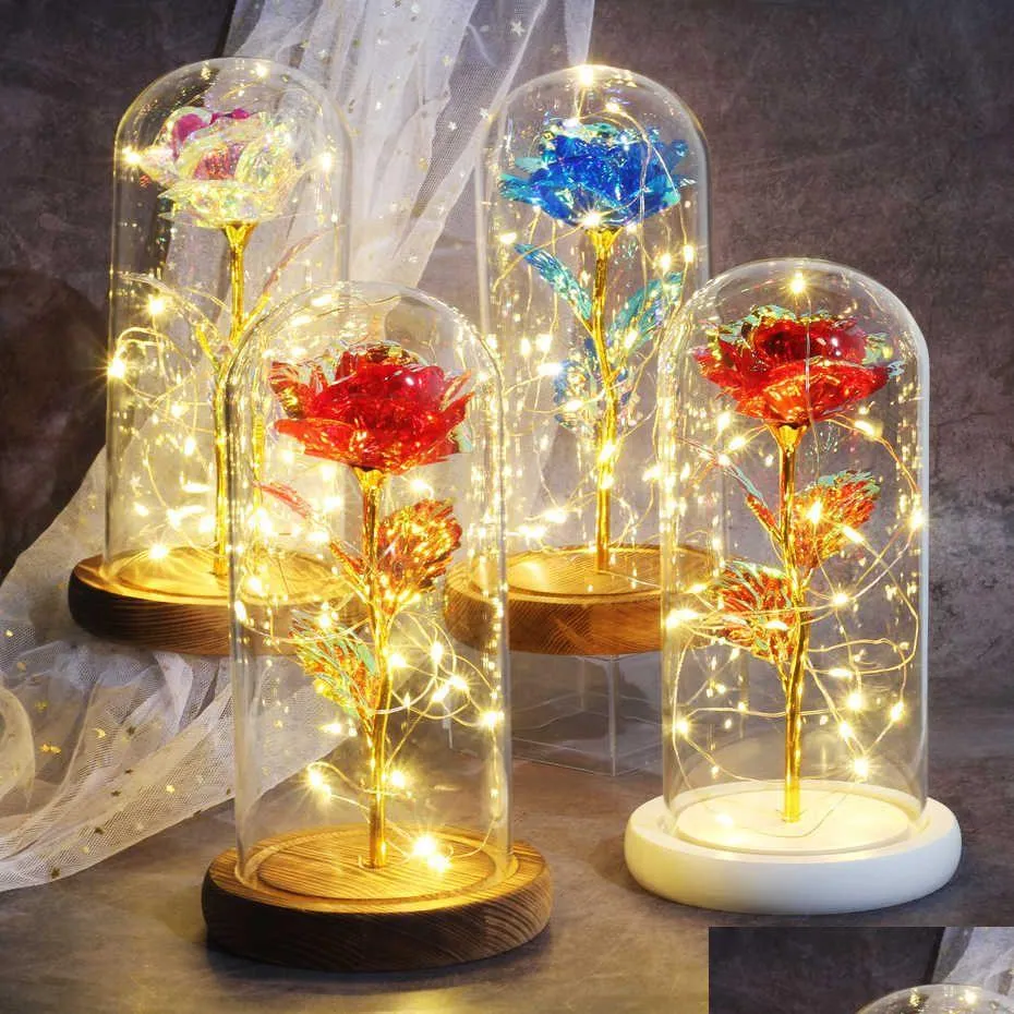 Decorative Flowers & Wreaths Valentine Gift Beauty Eternal Rose Led Light And Beast In Glass Dome Birthday For Valentines Day Drop Del Dhhkc