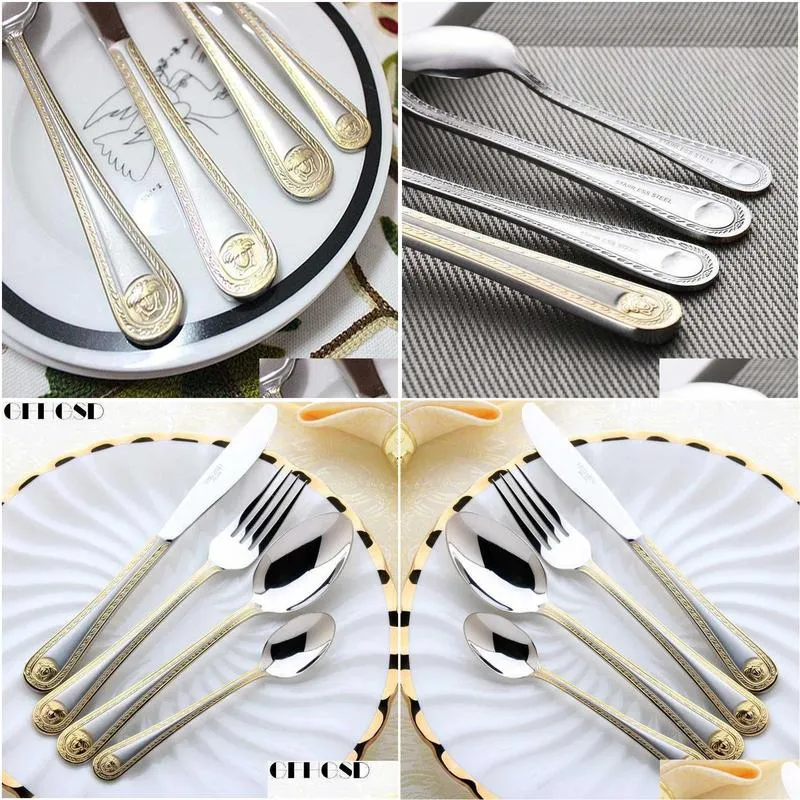 Dinnerware Sets 4 Pcs/Set Vintage Western Gold Plated Dinnerware Dinner Fork Knife Set Golden Cutlery Stainless Steel Engraving Tablew Dh4J1