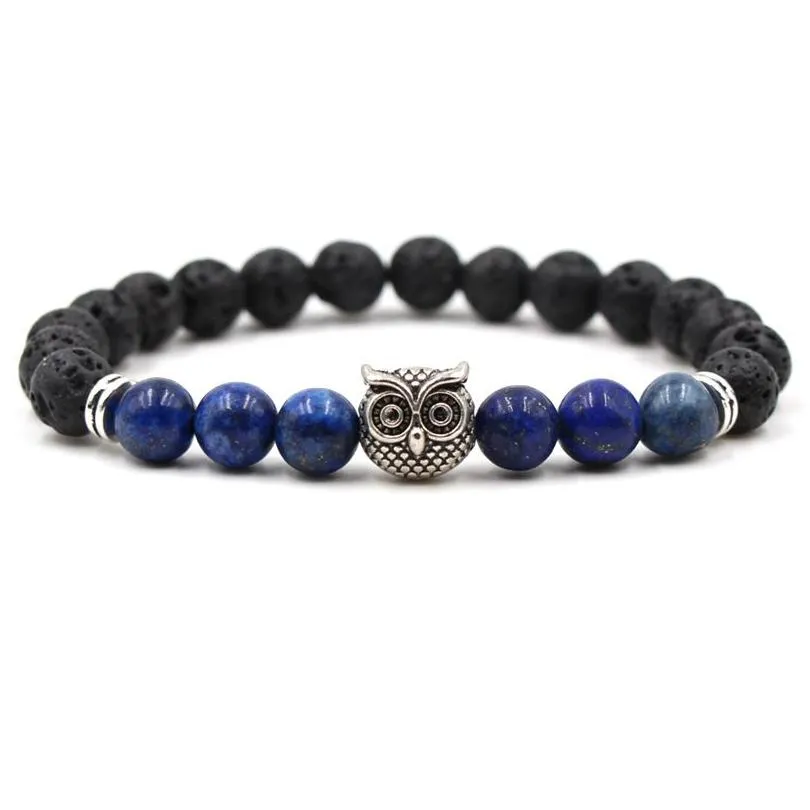 natural black lava stone beads owl charm bracelet  oil diffuser bracelet volcanic rock beaded bracelet