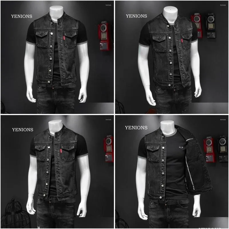 motorcycle apparel retro jean jacket men`s denim vest coats slim black stand collar sleeveless style waistcoat coat  brand