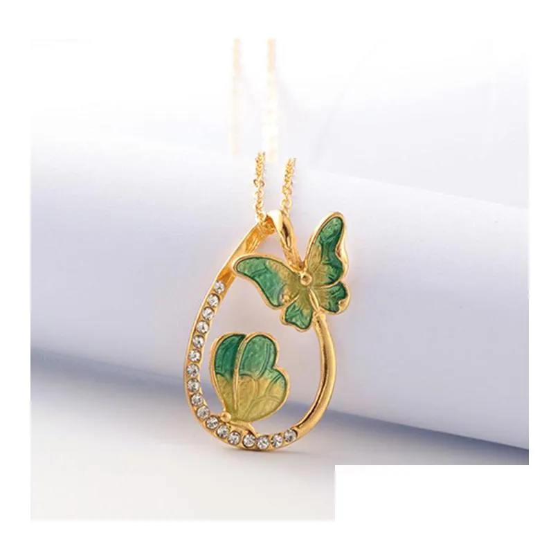 Pendant Necklaces Water Drop Painting Necklace 2 Gold Plated Link Long Chain Necklaces Zircon Butterfly Drop Delivery Jewelry Necklace Dhavw