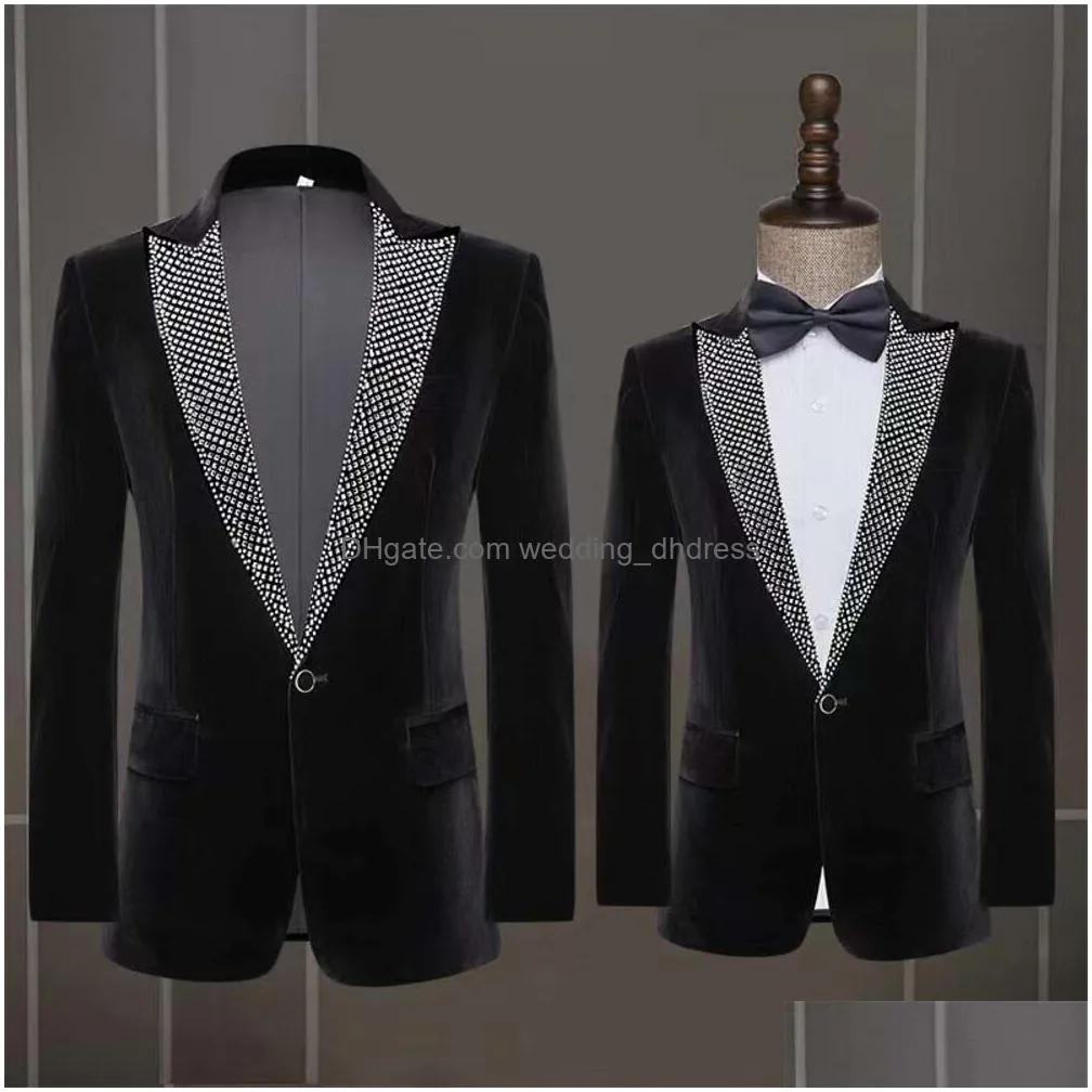 sparkly rhinestones black jacket blazers pants mens suits male singer stage performance costume party host groom wedding dress
