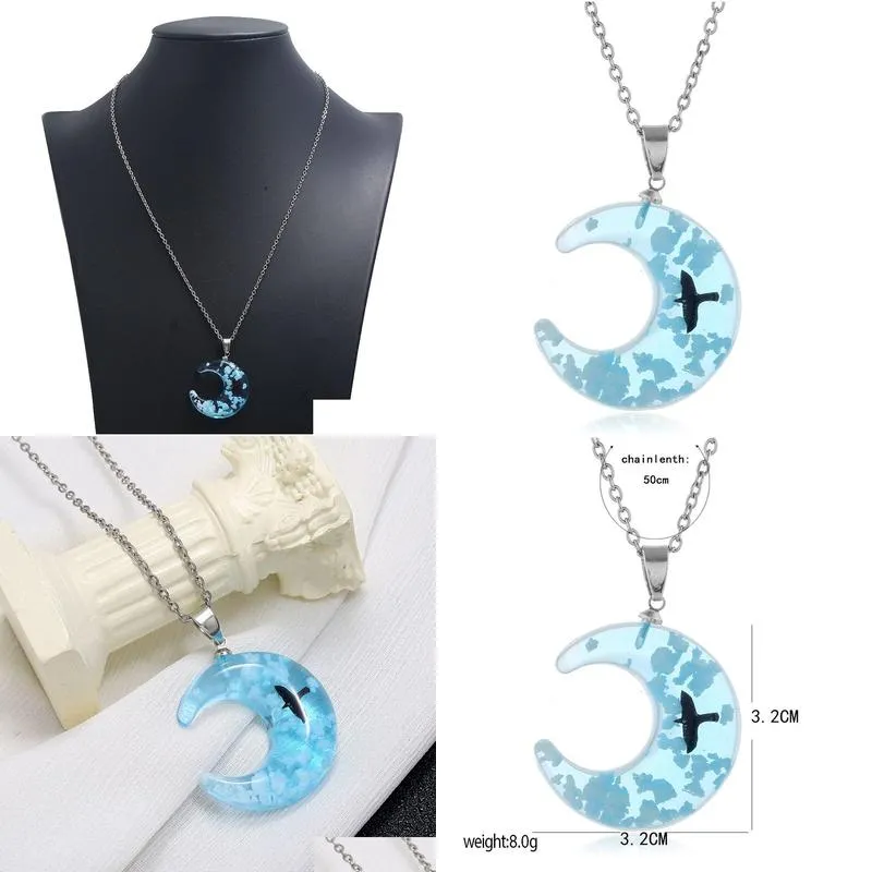 Pendant Necklaces Creative And Exquisite With Luminous Bird  Sky Pendant Necklace White Cloud Moon Resin Blue Jewelry Drop Delive Dhhmx