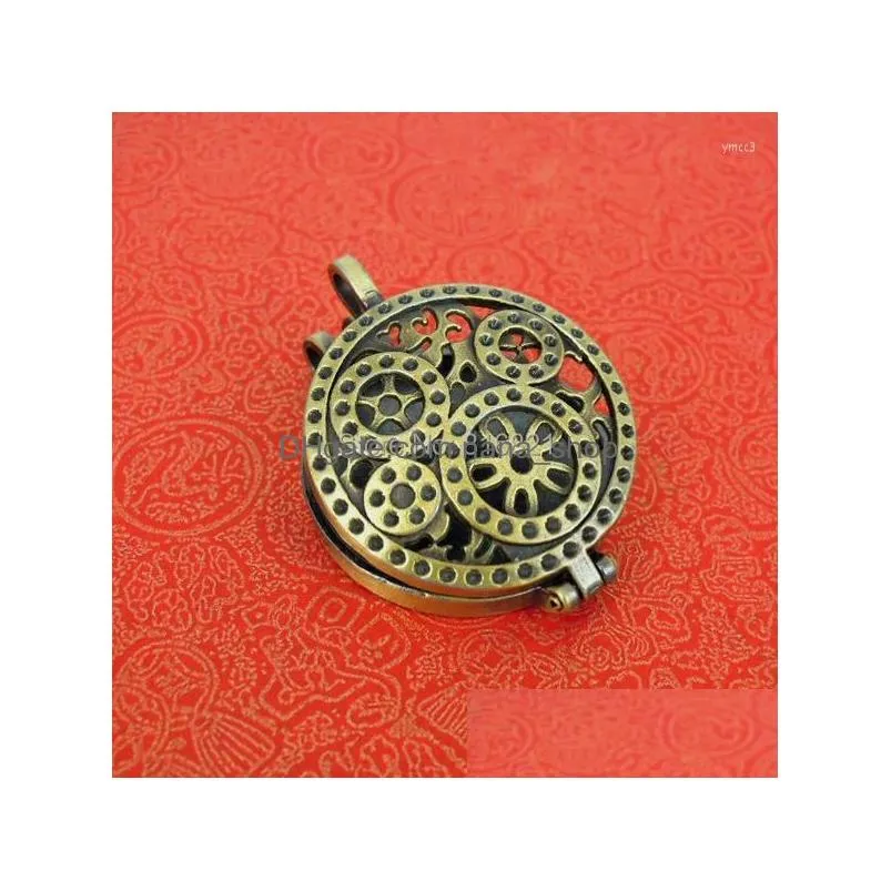 Pendant Necklaces 33X44Mm Antique Bronze Brushed Blank Bases Metal Round Filigree Hollow Gear Po Locket Settings Diy Findings Drop De Dh4Nf