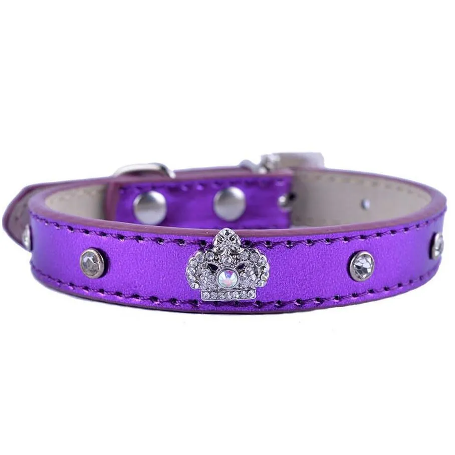 Dog Collars & Leashes Fashion Leather Dog Collar Crystal Studded Accessories Diamante Crown Charm For Neck Strap Small Pet Supplies Dr Dhwob