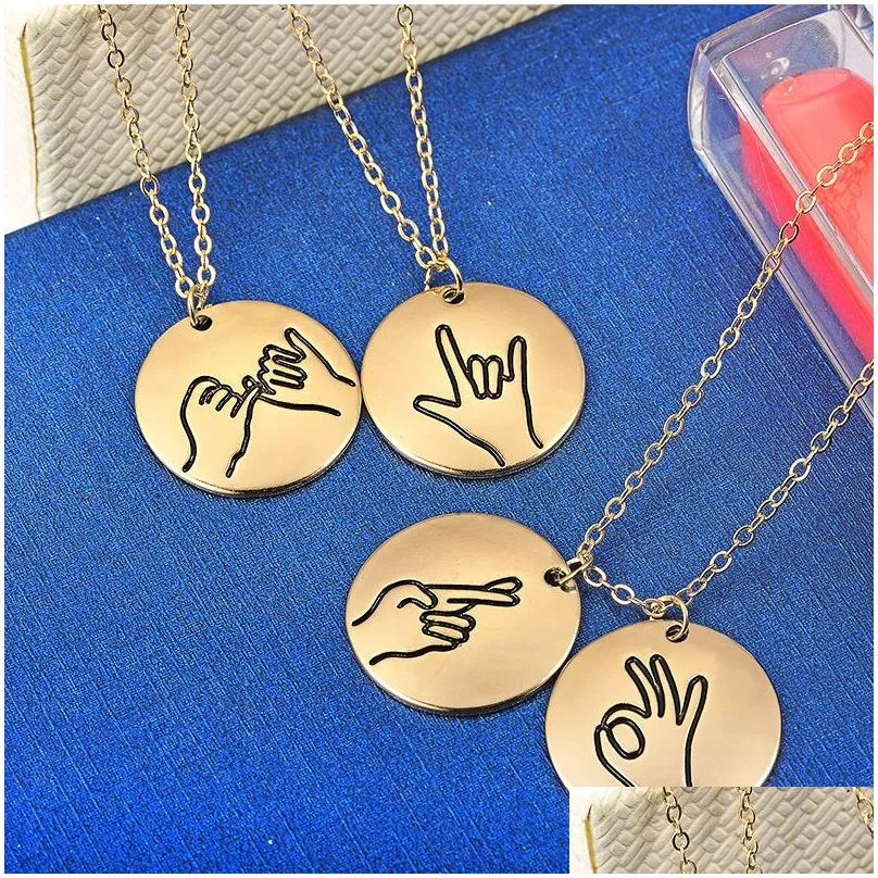 Pendant Necklaces Engraved Sign Language Necklace I Love You Pinky Swear Okay Hand Gestures Sister Best Friends Necklaces Drop Deliver Dhc7V