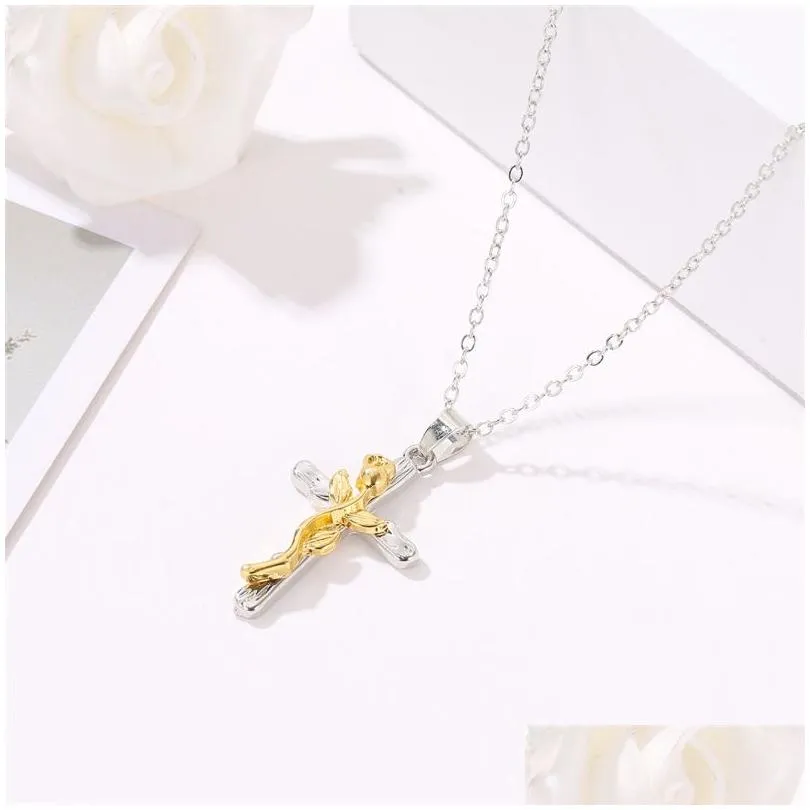 Pendant Necklaces Pretty Flower Jesus Cross Pendant Collar Choker Necklace Long Chain Relius Novel Necklaces Drop Delivery Jewelry Nec Dhums