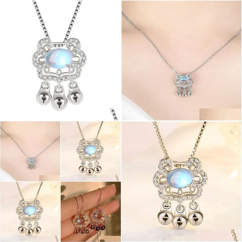 Pendant Necklaces Moonstone An Long Life Lock Necklace Original Simple Rhinestone Small Chain Ruyi Design Temperament Clavicle Drop De Dhbtj