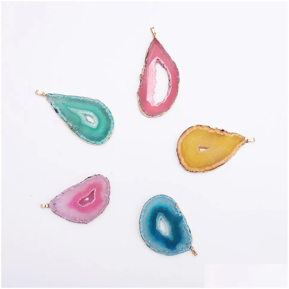 Pendant Necklaces Agate Popcorn Pendant Necklace Colored Chips Crystal Cluster Rough Stone Sprout Electroplating Edge Drop Delivery Je Dhxbq