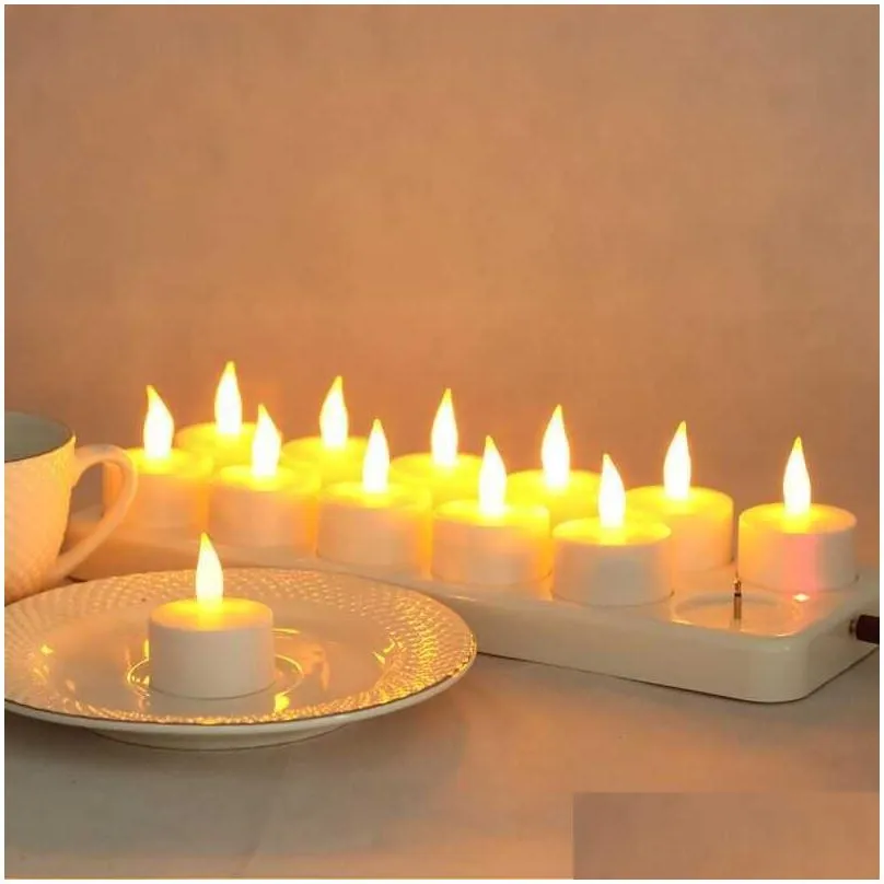 Candles Set Of 12 Rechargeable Led Candle Flameless Static Tealight Electric Lamp Waxless Valentine Home Wedding Xmas Table Decor-Ambe Dh6Lv