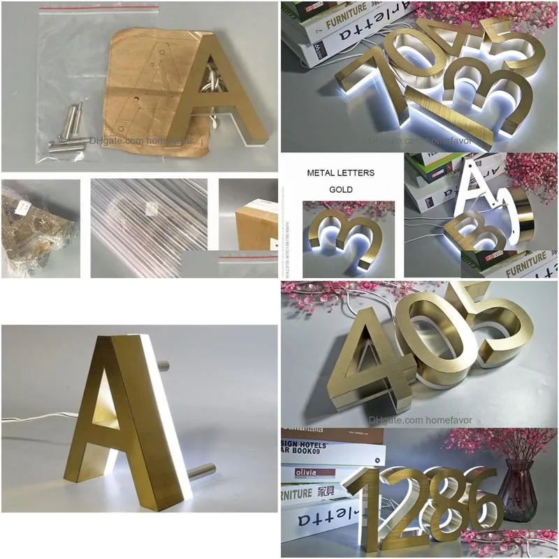 decorative objects figurines 3d led modern house number sign gold color white light metal outdoor waterproof el door plate letter address number for house