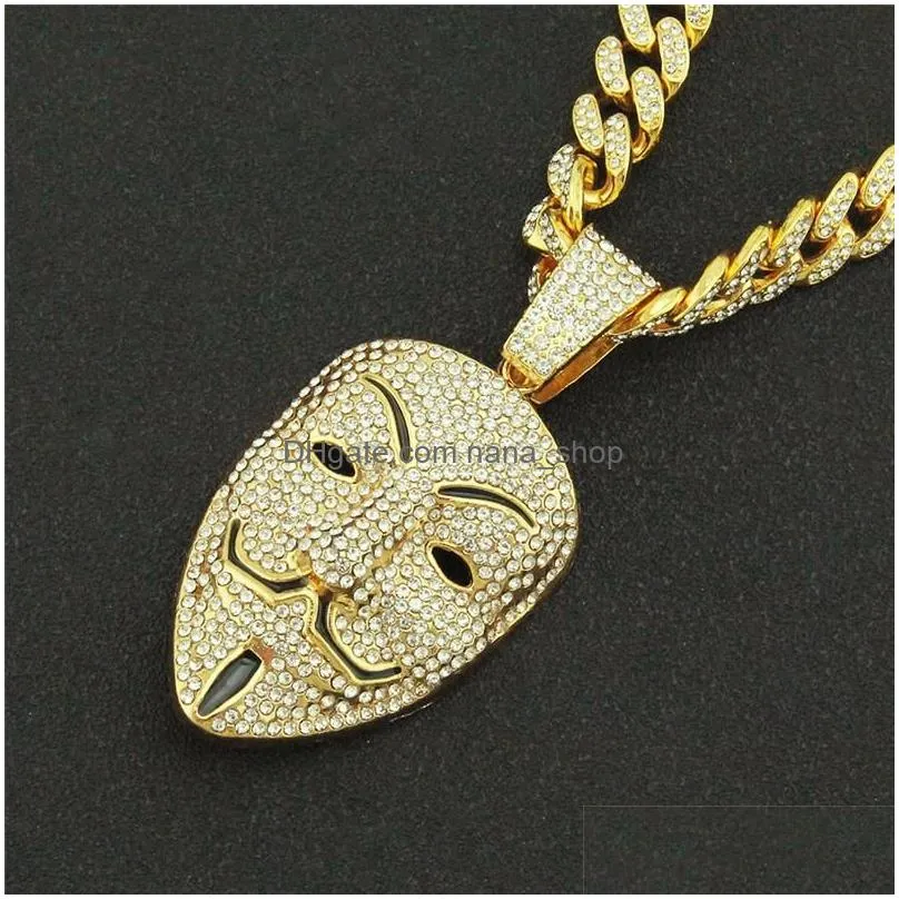 Pendant Necklaces Fashion  Cuban Link Crystal Necklace Iced Out Anonymous Hacker Mask Cubic Zircon Hip Hop Jewelry For Men Drop Dhpq8