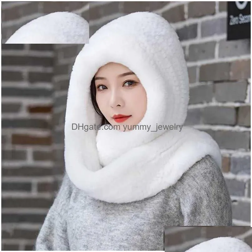 Beanie/Skull Caps Beanie/Skl Caps New Women Real Knitted Rex Rabbit Fur Hat Hooded Scarf Long Winter Warm With Neck Collar Scarves Dro Dhlgr