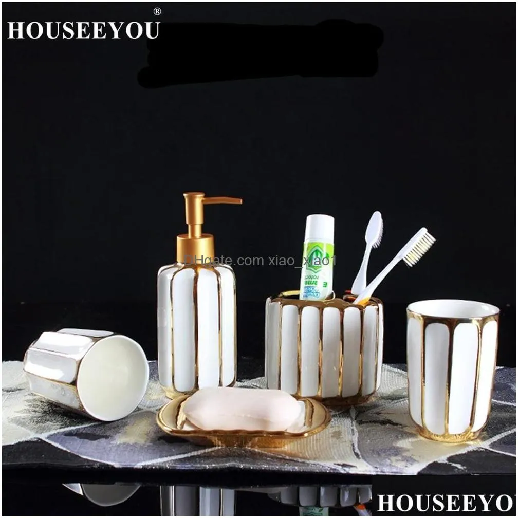 sets 5pcs/lot golden plating ceramic bathroom accessories set soap dispenser toothbrush holder tumbler soap dish bathroom products
