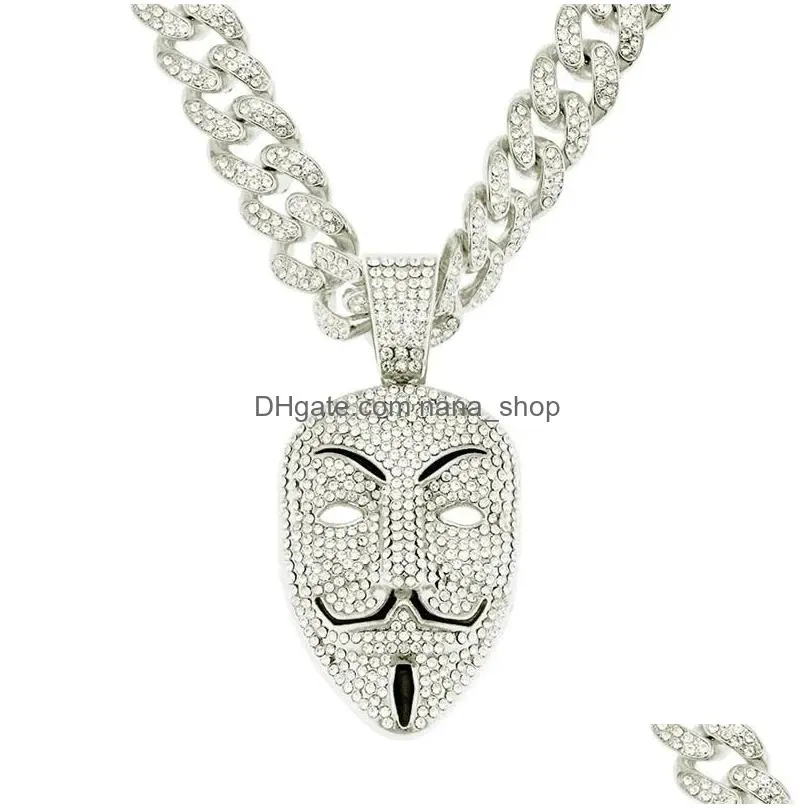 Pendant Necklaces Fashion  Cuban Link Crystal Necklace Iced Out Anonymous Hacker Mask Cubic Zircon Hip Hop Jewelry For Men Drop Dhpq8