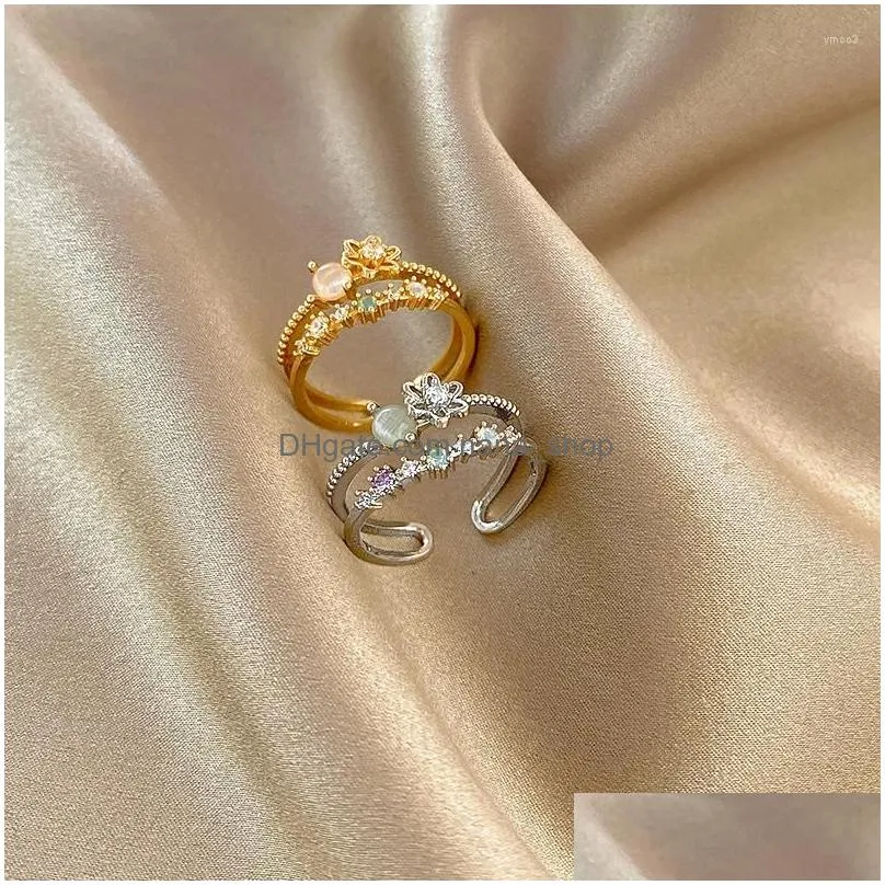 Cluster Rings Small  Fashion Ring Light Luxury Zircon Flower South Korea Sen Series Minority Double Open Drop Delivery Dhnoj