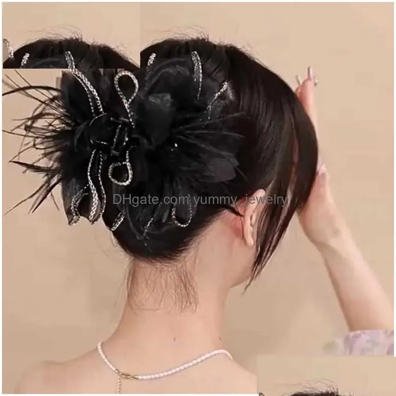 Headwear & Hair Accessories Headwear Hair Accessories Black Mesh Bow Feather Flower Claw Women Hairwear Large Size Casual La Ostrich C Dh4Nt