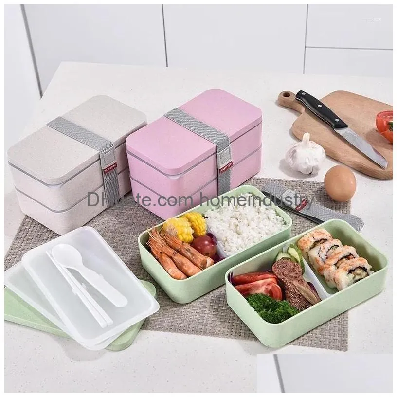 Other Dinnerware Dinnerware Wheat St Double Layers Lunch Box With Spoon Microwave Storage Container Lunchbox Healthy Material Bento Bo Dhijb