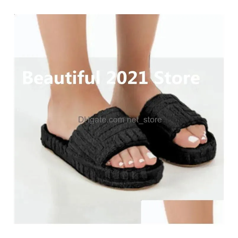 slippers 2024 women luxury brand one-word thick-soled warm furry womens shoes embossed cotton drag outdoor all-match casual slippers