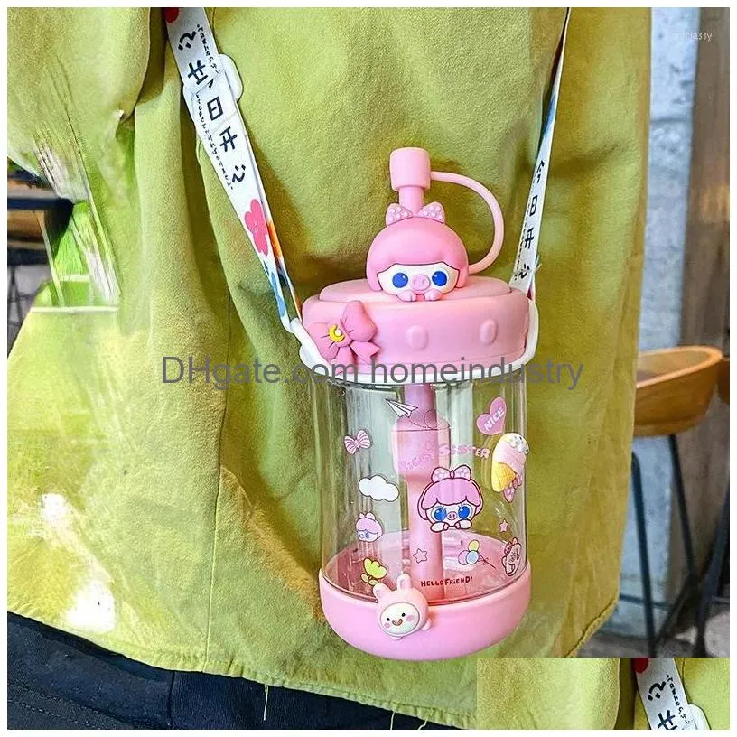 Water Bottles Summer Cartoon Girl Heart Cute Pig Pink Green Cup Super Portable Outdoor Plastic St Drop Delivery Dhmpb