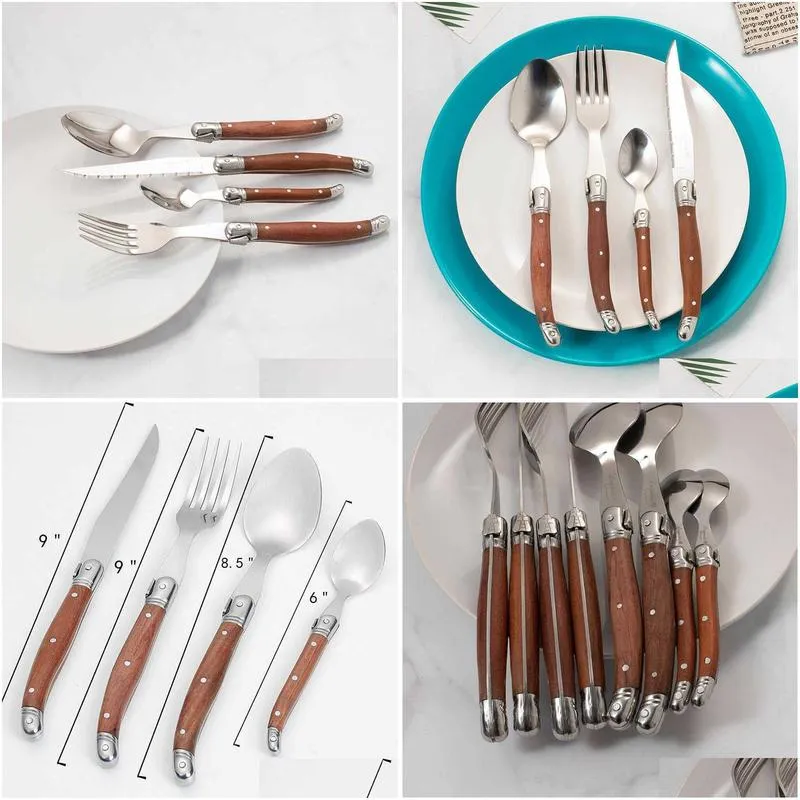 Dinnerware Sets 24Pieces Laguiole Cutlery Set Wood Handle Tableware Stainless Steel Steak Knives Wooden Japanese Dinnerware Kitchen Ac Dhrxz