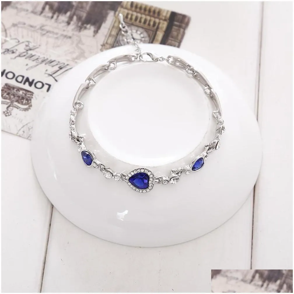 Charm Bracelets Ocean Blue Bracelets Sliver Plated Crystal Rhinestone Heart Charm Bracelet Bangle Gift Jewelry Drop Delivery Jewelry Dhxcb