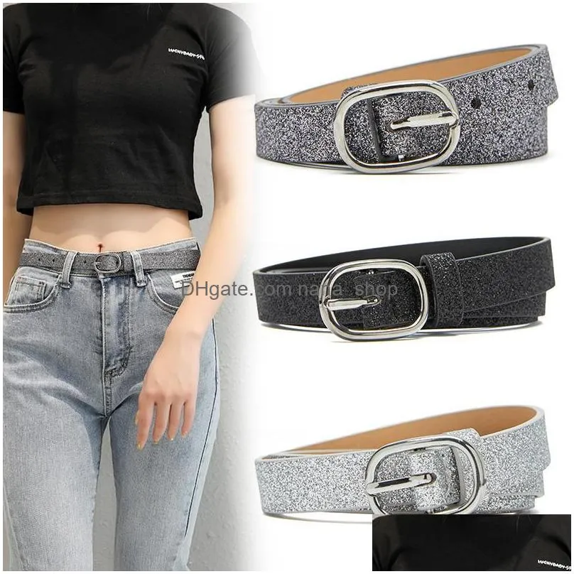 Belts Fashion Leather Belt For Women Shiny Sequins Oval Buckle Waist Strap Designer Female Jeans Dress Trouser Decorative Waistband D Dhoyu