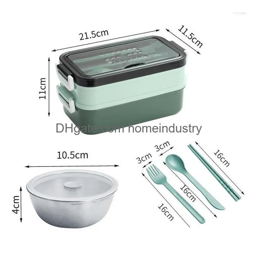 Dinnerware Sets Bento Box Adt Lunch Stainless 2 Layer Leak-Proof Container Adts Kids Microwave Dishwasher With Cutlery Drop Delivery Dhjcy