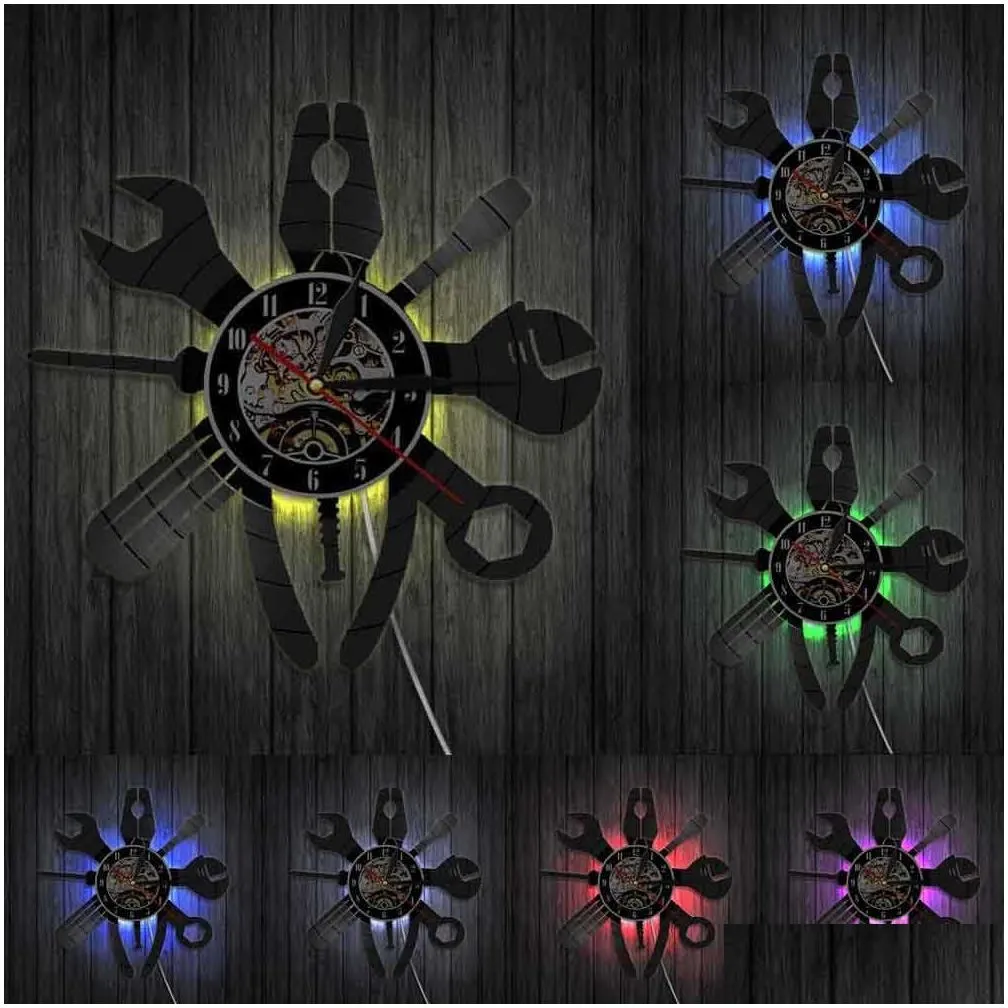 Wall Clocks Plumber Repairing Tools Led Night Lights Vinyl Record Wall Clock Illustration Garage Art Watch Exclusive Hanging Lamp Drop Dh8Hg