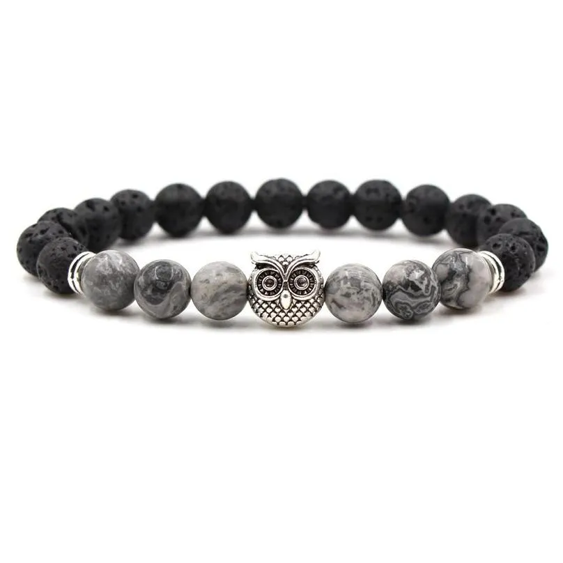 natural black lava stone beads owl charm bracelet  oil diffuser bracelet volcanic rock beaded bracelet