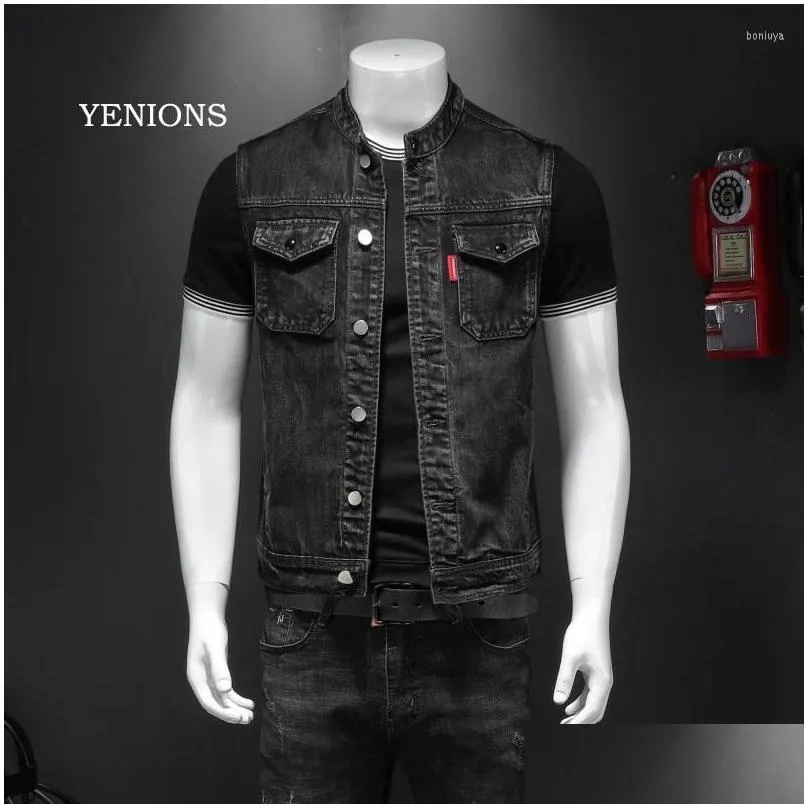 motorcycle apparel retro jean jacket men`s denim vest coats slim black stand collar sleeveless style waistcoat coat cowboy brand