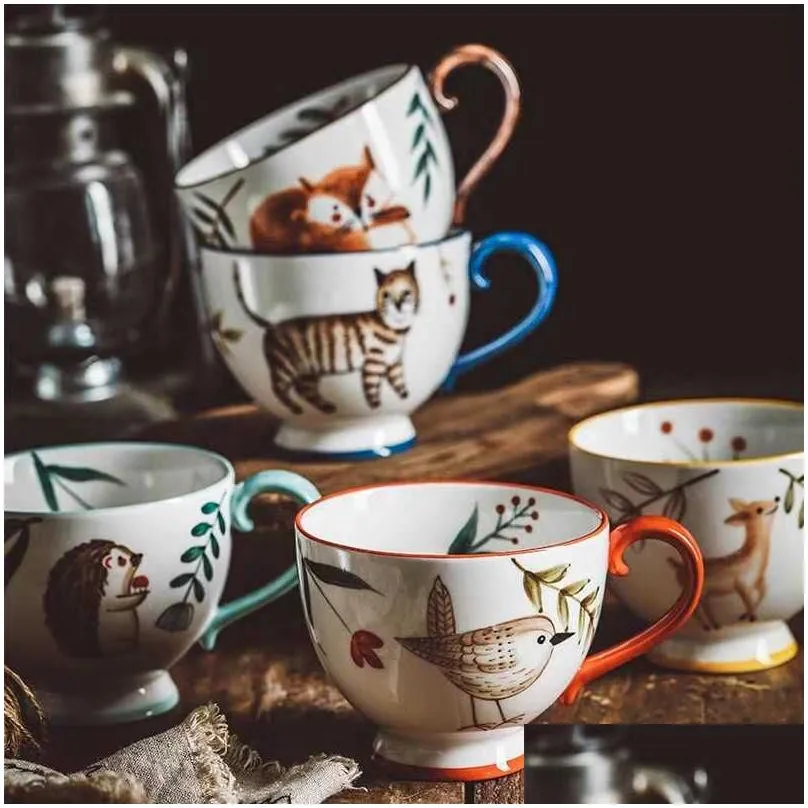 Mugs Nordic Style Retro Hand-Painted Ceramic Coffee Mug Teacup Home Breakfast Milk Cups Animal Water Cup 210827 Drop Delivery Home Gar Dhcvh