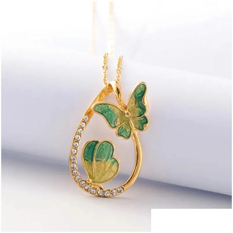 Pendant Necklaces Water Drop Painting Necklace 2 Gold Plated Link Long Chain Necklaces Zircon Butterfly Drop Delivery Jewelry Necklace Dhavw